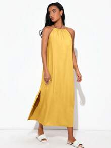 SHEIN BASICS Robe à col ras-du-cou fendue sur le côté en tissu tressé pour femmes