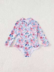 年轻女孩花卉印花连体泳衣，夏季海滩度假 - 彩色 - 查看 5