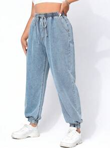 SHEIN EZwear Jeans décontractés pour femmes grandes tailles avec ceinture à nouer, poches et cordon de serrage, longueur cheville