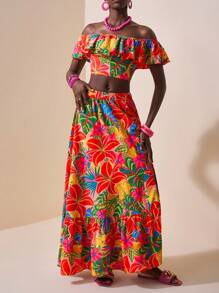 Zivah 2pcs/Set Women's Tropical Plant Print Off Shoulder Crop Top And High Slit Skirt Vacation Casual Outfit