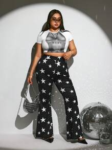 SHEIN ICON 大码黑白星星印花喇叭裤，适合音乐节和派对
