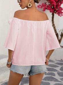 Breezaya Women's Spring & Summer Casual Vacation Travel Off-Shoulder Decorate 3D Floral 3/4 Batwing Sleeve Loose Simple Shirt