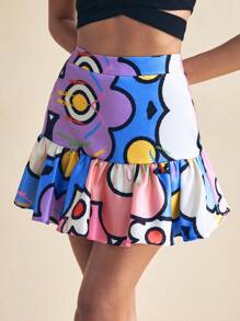 SHAQUITA GARCIA Designer Pastel Cartoon Floral Print Bubble Ruffle Hem Mini Skirt Women Spring Summer Cute Skirt Easter Vacation Beach Cruise Women Casual Summer Skirt