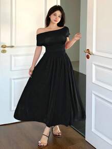 DAZY 2pcs Women Asymmetric Shoulder T-Shirt And Wide Leg Pants Set - Black - View 4