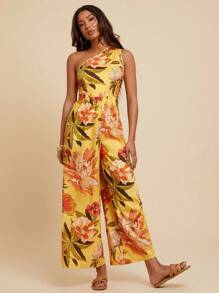 Travachic Floral Print Romper With One Shoulder Design, Suitable For Vacation & Casual Wear - Yellow - View 6