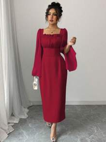 Elenzga 2025 情人节春季新款法式奢华天蓝色拼布亮片褶皱优雅后蝴蝶结腰部开衩袖 A 字形连衣裙