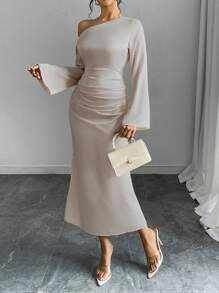 Rafferiza Vestido de mujer de unicolor con pliegues asimétricos en la cintura, de tela de tafetán, vestido largo para mujer