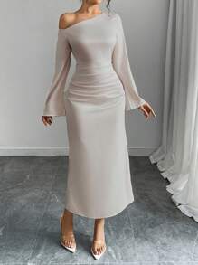 Rafferiza Vestido de mujer de unicolor con pliegues asimétricos en la cintura, de tela de tafetán, vestido largo para mujer