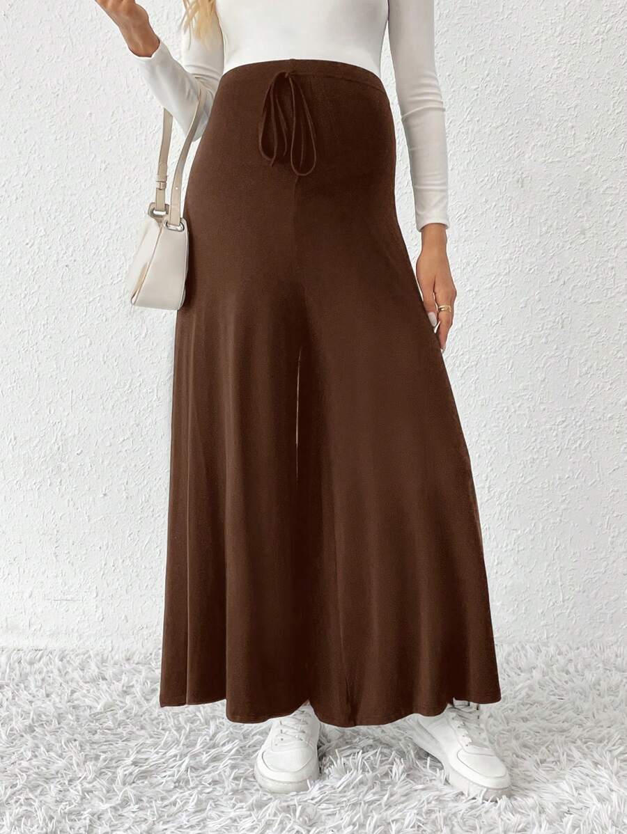 SHEIN Maternity High Waist Knot Front Wide Leg Pants - Brown - View 1