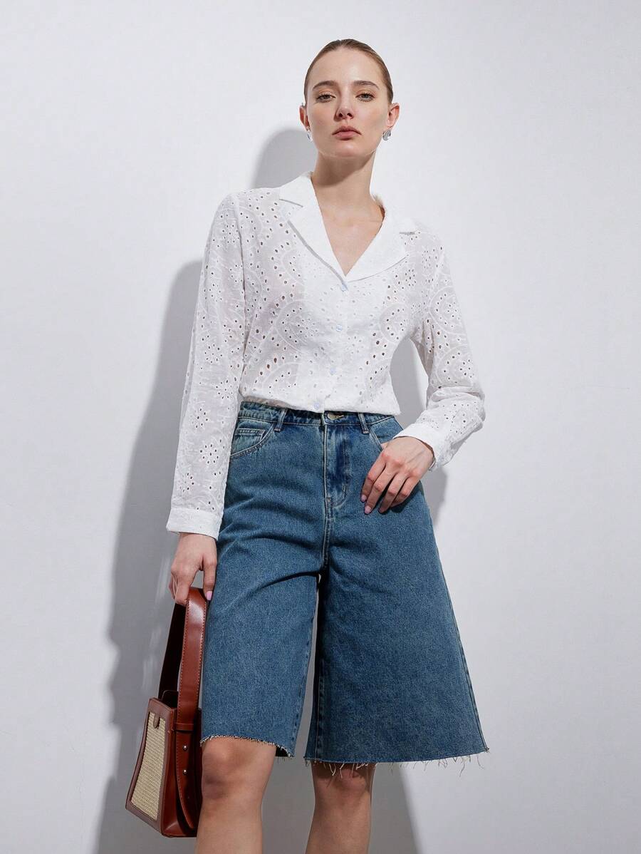 SHEIN Privé 优雅休闲春假衬衫，翻领上衣，孔眼刺绣面料女式长袖衬衫 - 白色 - 查看 1