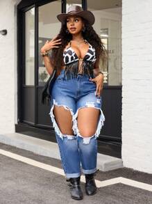 SHEIN SXY 大码女式时尚性感破洞锥形牛仔裤