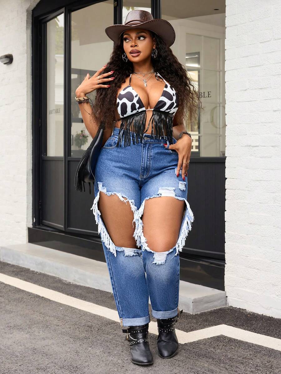 SHEIN SXY 大码女式时尚性感破洞锥形牛仔裤