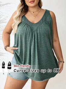 SHEIN CURVE+ 大码女式休闲宽松绿色V领背心，夏季 - 綠色 - 查看 1