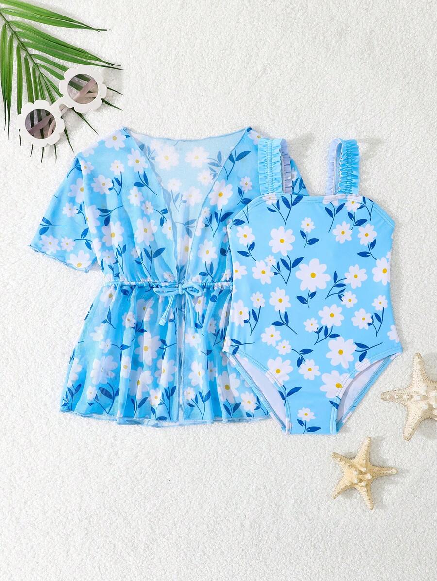 Baby Girl Floral Print Spaghetti Strap One-Piece Swimsuit With Kimono - Multicolor - View 1
