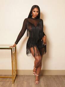 BamGleam 女士时尚性感黑色圆领透视网眼长袖流苏连衣裙，适合拉丁舞裙、舞会、派对、聚会