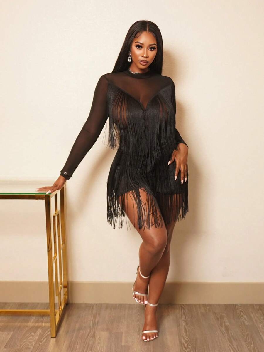 BamGleam 女士时尚性感黑色圆领透视网眼长袖流苏连衣裙，适合拉丁舞裙、舞会、派对、聚会