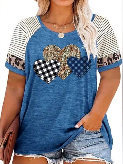 EMERY ROSE Plus Size Casual T-Shirt, Women's Plus Size Color Block Leopard And Stripe Heart Print Short Sleeve Round Neck Slightly Elastic T-Shirt, Women's Clothing