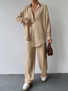 EURMUSE Drop Shoulder Shirt & Wide Leg Trousers - Apricot - View 6