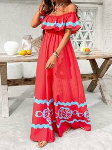 SHEIN VCAY 女士度假休闲撞色印花露肩连衣裙 - 玫紅色 - 查看 3