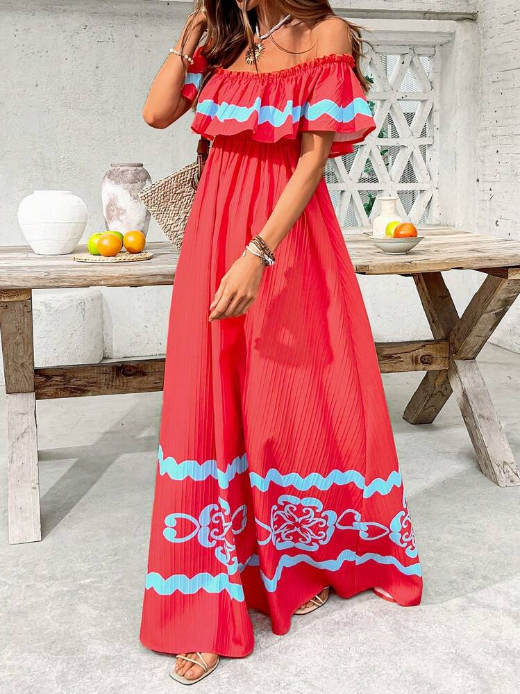 SHEIN VCAY 女士度假休闲撞色印花露肩连衣裙 - 玫紅色 - 查看 3