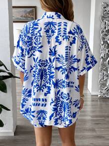 Breezaya Plus Size Women's Elegant Casual Printed Shirt With Collar, Dropped Shoulder Sleeves & Fold Cuffs + Elastic Waist Shorts With Bow Decor And Pockets, Suitable For Commuting, Leisure And Holiday, Spring/Summer