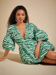Vixey Animal Print Puff Sleeve Bubble Hem Tulle Lined Dress, Boho, Brunch Outfits For Women, Vacation Outfit, Spring Outfit, Summer Outfit, Summer Dresses, Easter Outfit, Vacation Outfit - Green - View 1