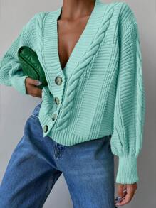 EURMUSE Cable Knit Drop Shoulder Cardigan - Mint Green - View 5