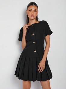 COSMINA 女士弧形翻领褶皱短袖金属纽扣优雅正式工作连衣裙 - 黑色 - 查看 3