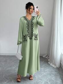 Yasmyna Women's Woven Loose Arabic Print Dress,Modest - Green - View 6