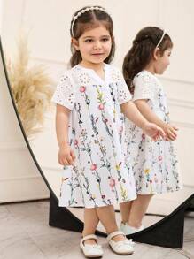 SHEIN Baby Girl Summer Cute Floral Embroidery Short Sleeve Dress - Pink - View 7