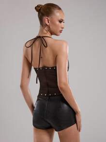 SHEIN BAE Top halter sin espalda para mujer en verano, marrón, sexy, con tiras cruzadas de color liso para clubes, festivales, conciertos, estilo hippie, retro - Marrón - Ver 2