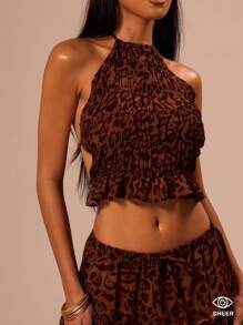 MUSERA Crop top de gasa con estampado de leopardo, con pliegues y suave, estilo bohemio, club, sexy, Ibiza, festival, verano, rave, vacaciones