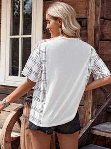 LanaWest Tricou cu mânecă scurtă, obișnuit, obișnuit, cu gât rotund, în stil boem, festival de muzică, petrecere, în carouri florale