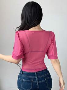 DAZY 女士夏季半透明半袖圆领网纱休闲套头粉色上衣 - 玫紅色 - 查看 6