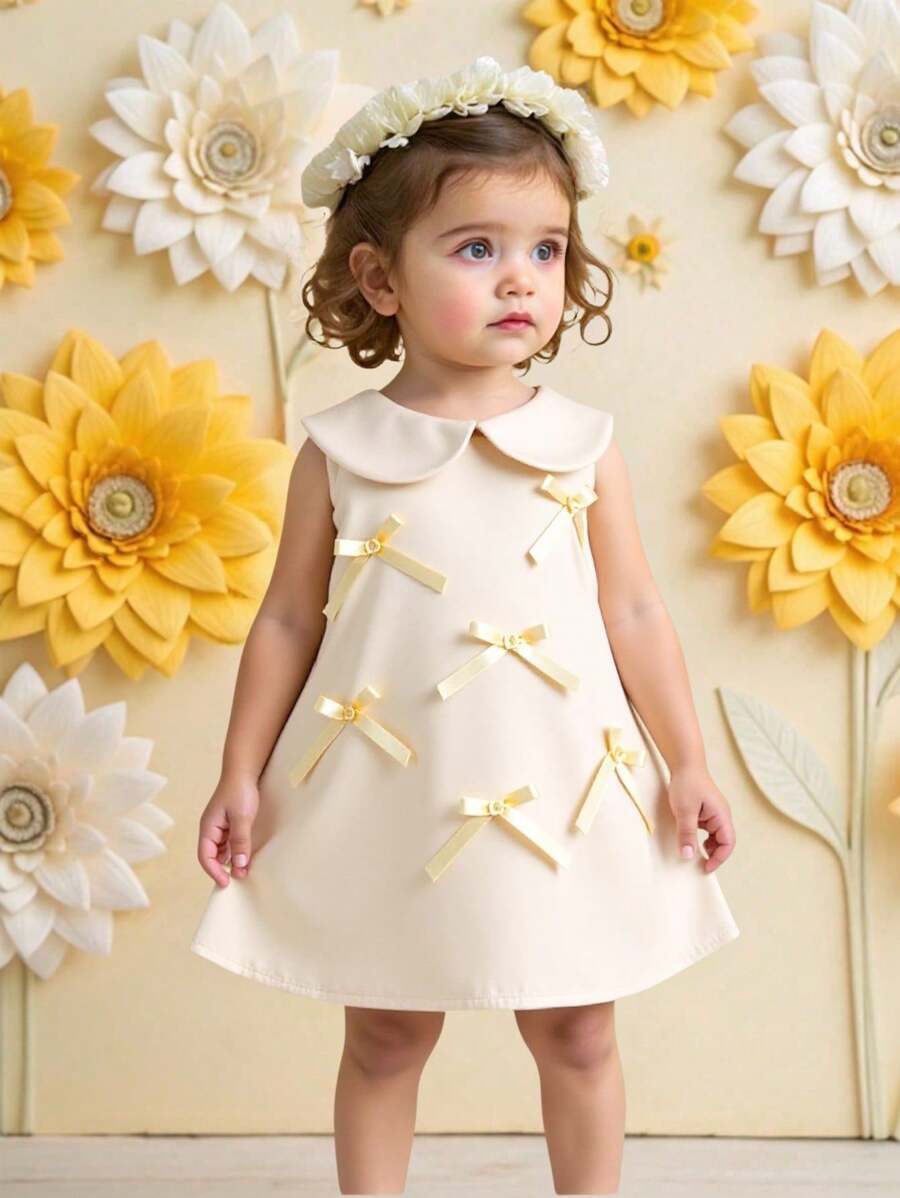 Elladie kids 女婴蝴蝶结连衣裙,无袖A字裙,翻领设计,舒适时尚,适合正式场合或婚礼穿着,优雅、甜美、可爱、时尚。 - 香檳色 - 查看 1