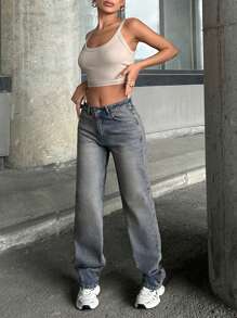 SHEIN Tall 100% 纯棉 低腰 复古水洗 直筒 修身高腰 - 中等水洗藍 - 查看 6