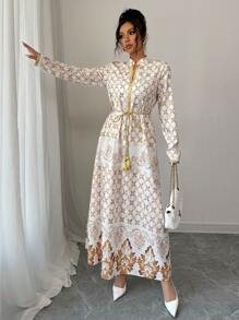 Elenzga 最新款 V 领长袖优雅印花连衣裙，带装饰流苏、收腰和 A 字下摆，适合春夏季 - 彩色 - 查看 5