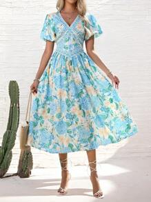 Robe de vacances mi-longue à imprimé floral romantique et décontracté pour femme