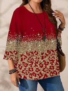 EMERY ROSE Blusa holgada de cuello redondo con estampado completo, manga 3/4, para mujer talla grande, primavera y otoño - Rojo - Ver 5