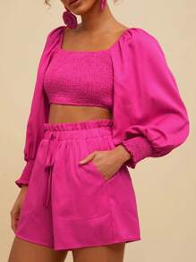 Travachic 1 Set Women Solid Woven Square Neck Long Sleeve Cropped Top & High Waist Loose Shorts,Summer Outfits For Women,Beachwear,Easter,Beach Outfits For Woman,Spring Break,Vacation Outfits Women,Concert Outfit Women,Rave Outfits Festival,Rave,BOHO,Music Festival,Tropical Vacation Woman Clothes(With Pocket) - Hot Pink - View 6