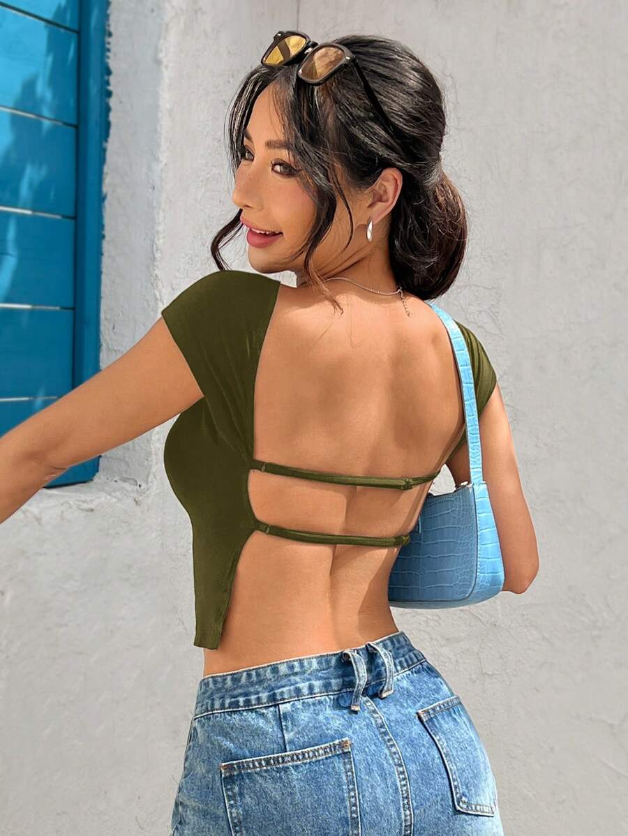 SHEIN EZwear Olive Green Backless Knit Bodycon T-Shirt For Women - Army Green - View 1