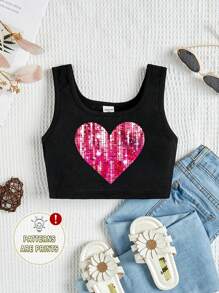 SHEIN Young Girl's Casual Simple Heart Pattern Sleeveless Tank Top With Round Neckline, Suitable For Summer Teen Girls Crop Topteen Girl Crop Topsblack Crop Top Young Girl