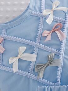 Toddler Girls' Elegant Fashionable Sweet Cute Blue T-Shirt With Ruffles & Bow Decor, Matching With Blue Pleat Skirt 2pcs Set, Summer - Blue - View 4