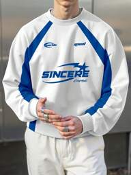 Manfinity Roghcode Pullover sweatshirt met lange mouwen voor heren, met contrasterende letterprint, herfstmodel.