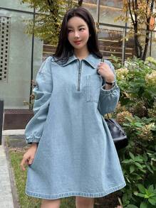 DAZY 女士落肩长袖拉链半开襟宽松直筒牛仔连衣裙