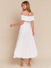 Amorya Set de 2 piezas con top hombros descubiertos de doble botonadura y falda plisada tipo línea A para mujer, romántico blanco boda