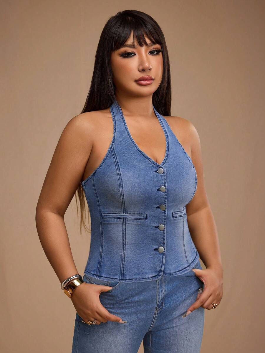 Forever 21 Plus Size Front Button Backless Halter Neck Denim Top - Blue - View 1