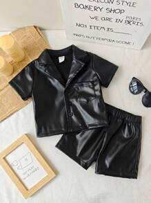 2pcs/Set Baby Boy Leather Jacket & Shorts Set, Combines The Cool Look Of Leather With The Comfort Of Short Sleeve Top And Soft Leather Shorts, Suitable For Warm Seasons Or Themed Parties, Easy To Clean