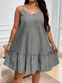 Calvaya Robe camisole à rayures et volants pour femmes grandes tailles