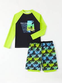 Teen Boys Tropical Beach Plants Print Swimsuit Set,Neon Beachwear - Multicolor - View 5